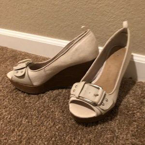 Stone colored peep toe wedges